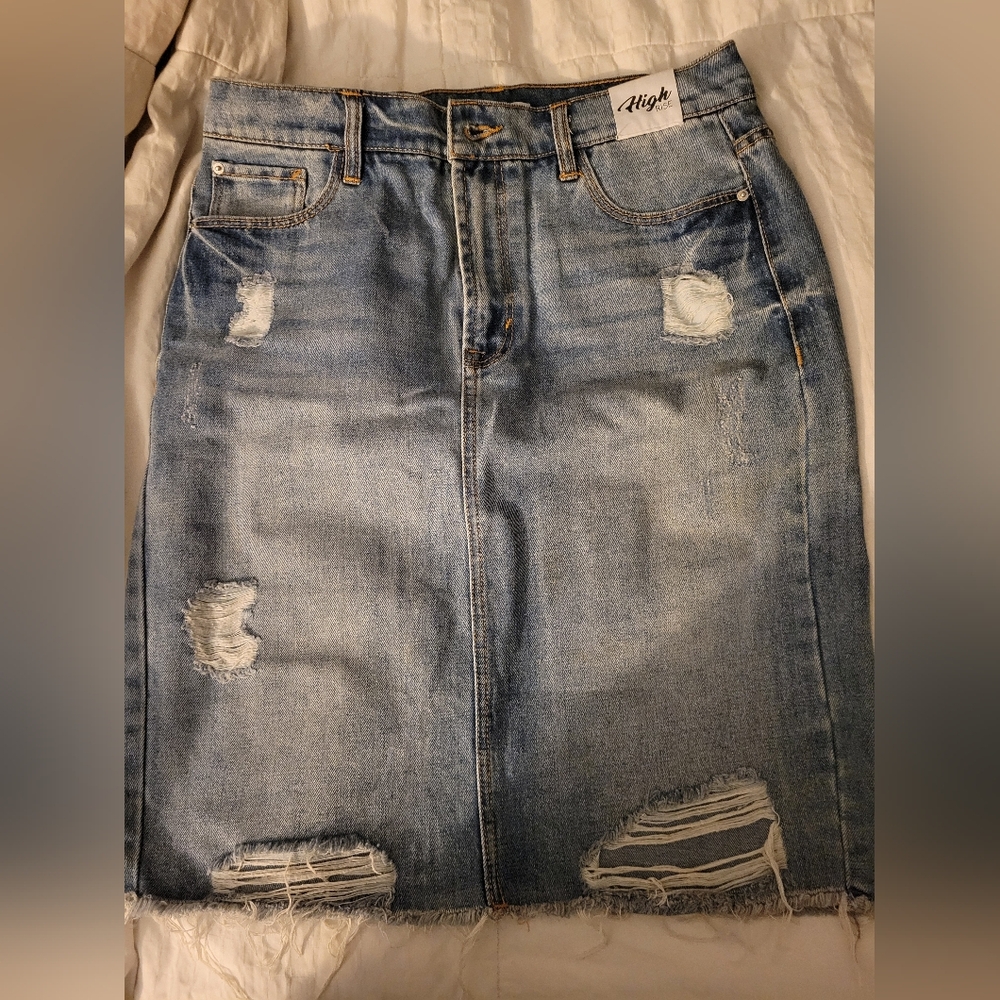 Kensie High waisted Distressed Blue Denim Skirt